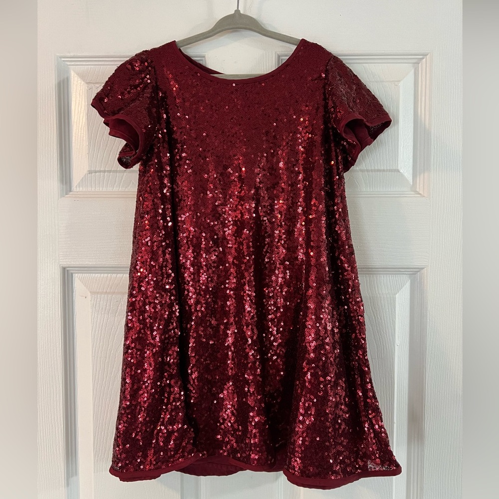 H&M Sequined Flutter Sleeved Girl's Holiday Dress - Size US 7 Red Burgundy